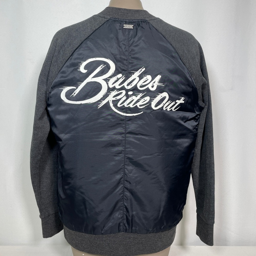 RVCA Babes Ride Out Black Gray Satin Snap Front Bomber Jacket Women's LARGE